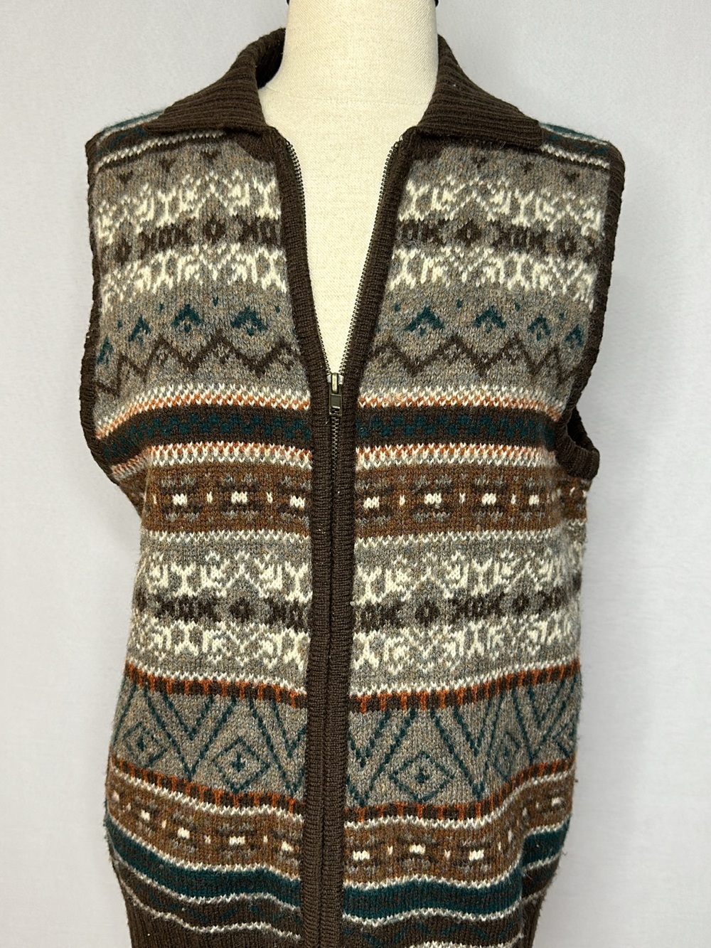 Rafaella Brown Teal Fair Isle Zip Vest Sweater